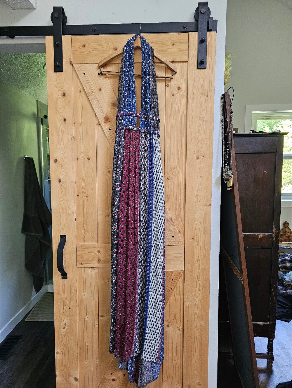 ModCloth Boho Halter Maxi Dress in Blue and Burgundy Stripes